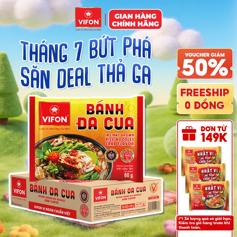 [VOUCHER HOT 10%]Thùng 30 Gói Bánh Đa Cua VIFON 60g Vị Cua Đồng Sợi Dai Đạt Giải Quốc Tế