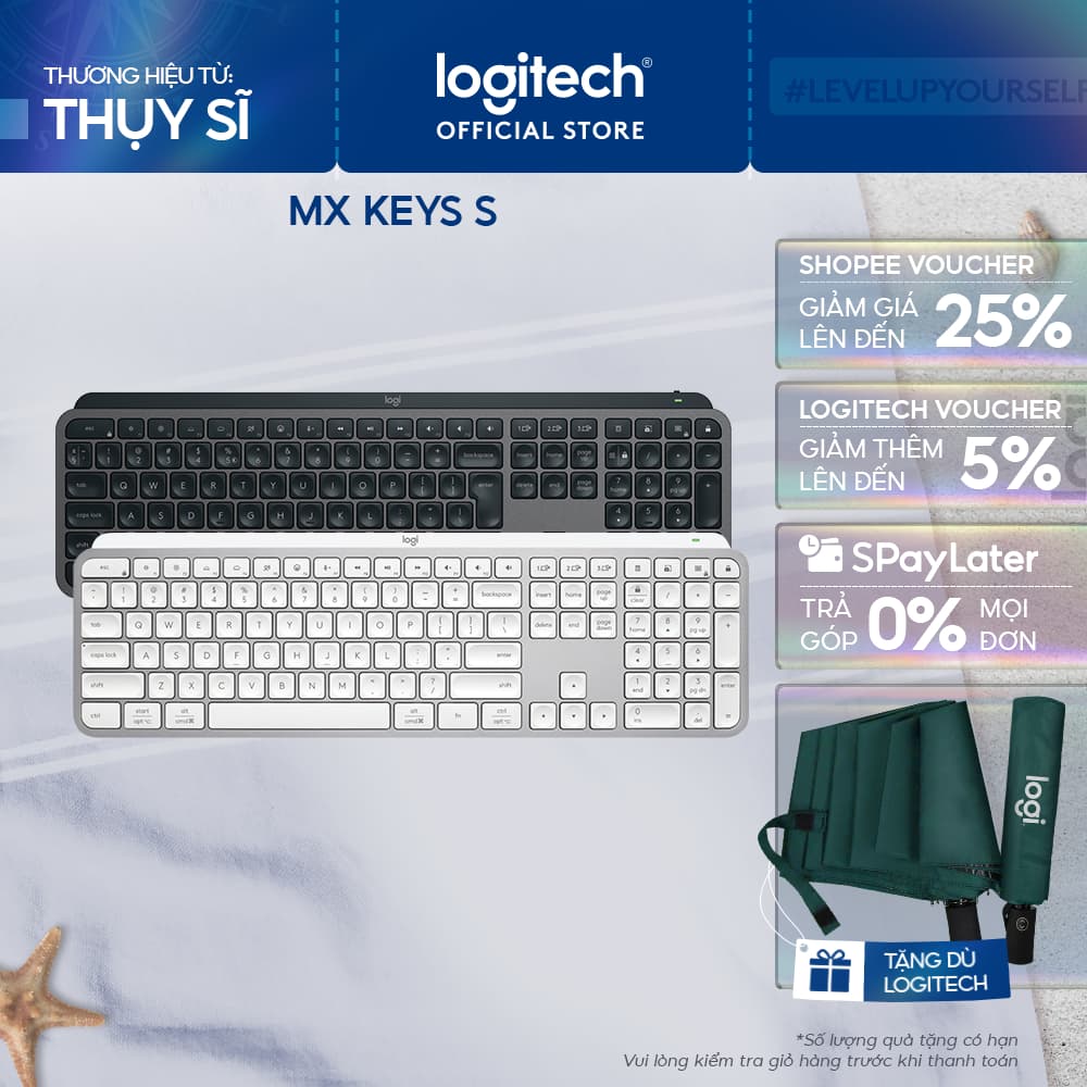 Bàn phím không dây Logitech MX Keys S - Low Profile yên tĩnh, Đèn nền, Bluetooth, Sạc USB-C