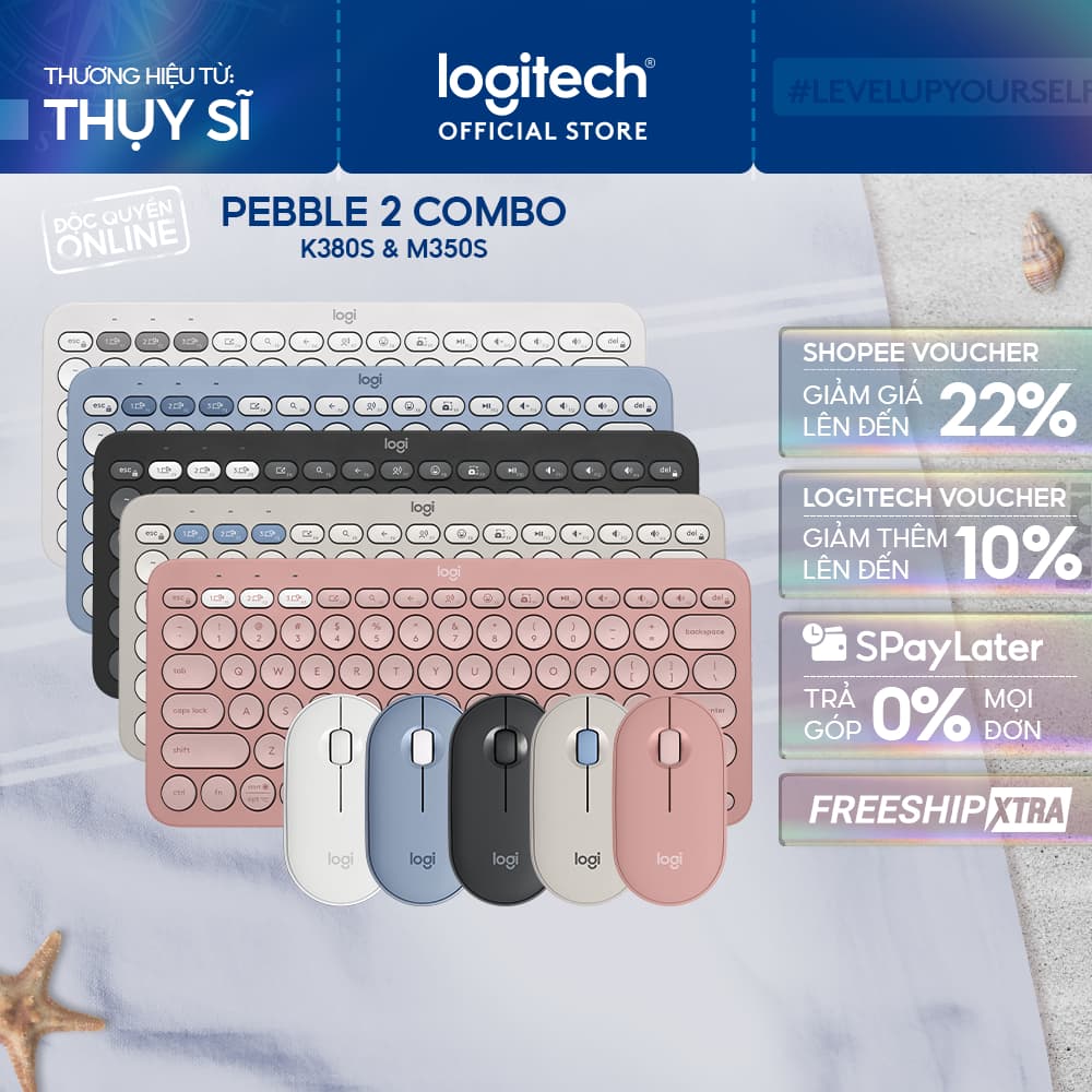 Pebble 2 Combo, Bàn phím Bluetooth Logitech K380s và chuột Logitech M350s - Yên tĩnh,  Easy-Switch