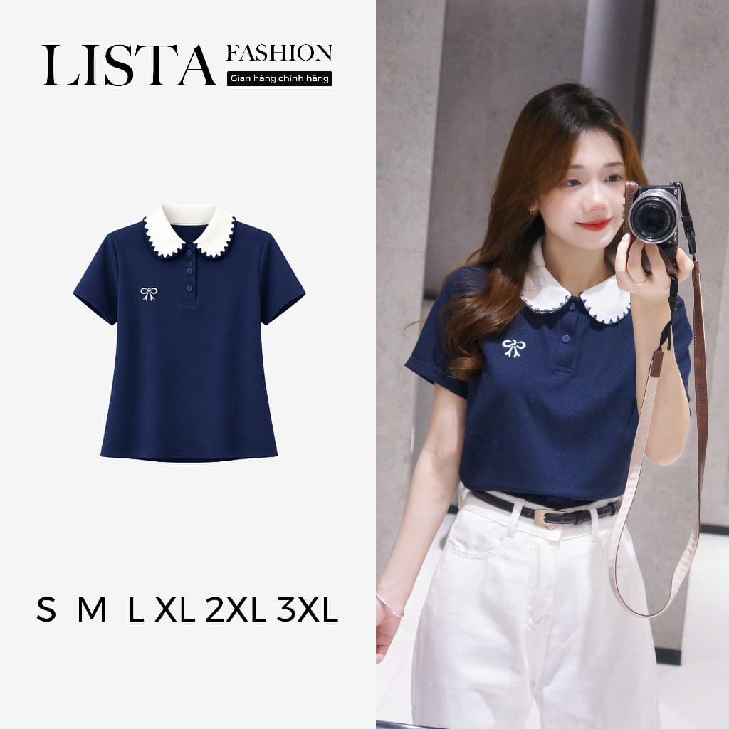 Lista Áo Polo Nữ Thêu Nơ cổ phối điệu đà - Cotton tổ ong sang trọng thanh lịch size tới 85 Kg (M18)