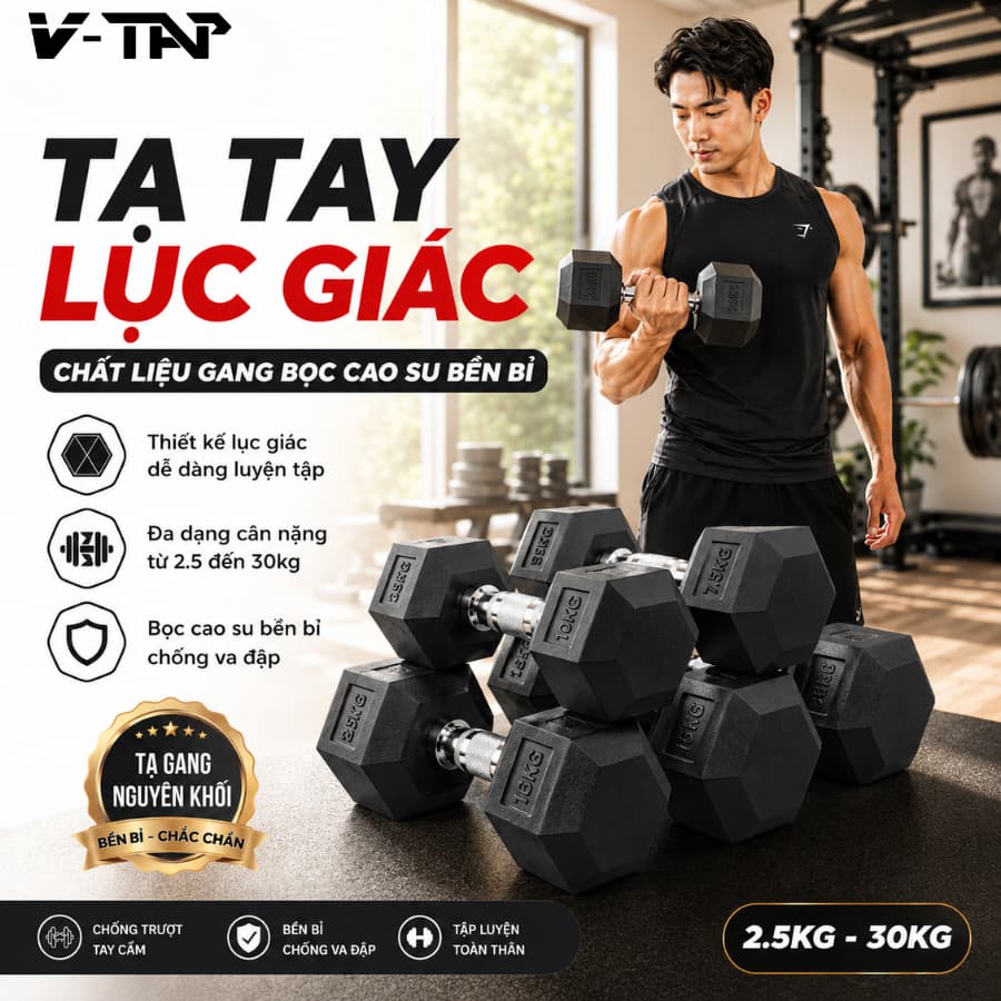 Tạ Tay Lục Giác Chất Liệu Gang Bọc Cao Su V-Tap, Tay Cầm Bằng Thép Chống Trơn Trượt 2.5-30kg