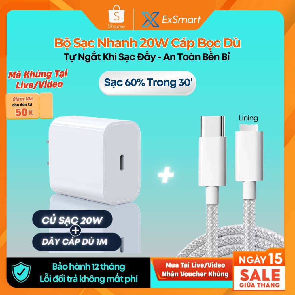 Bộ Củ Cáp Sạc Nhanh 20W Exsmart Củ Sạc PD20W Dây Bọc Dù Tự Ngắt Khi Sạc Đầy chống gãy gập An Toàn Ổn Định Bảo Vệ Máy