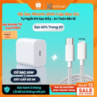Bộ Củ Cáp Sạc Nhanh 20W Exsmart Củ Sạc PD20W Dây Bọc Dù Tự Ngắt Khi Sạc Đầy chống gãy gập An Toàn Ổn Định Bảo Vệ Máy