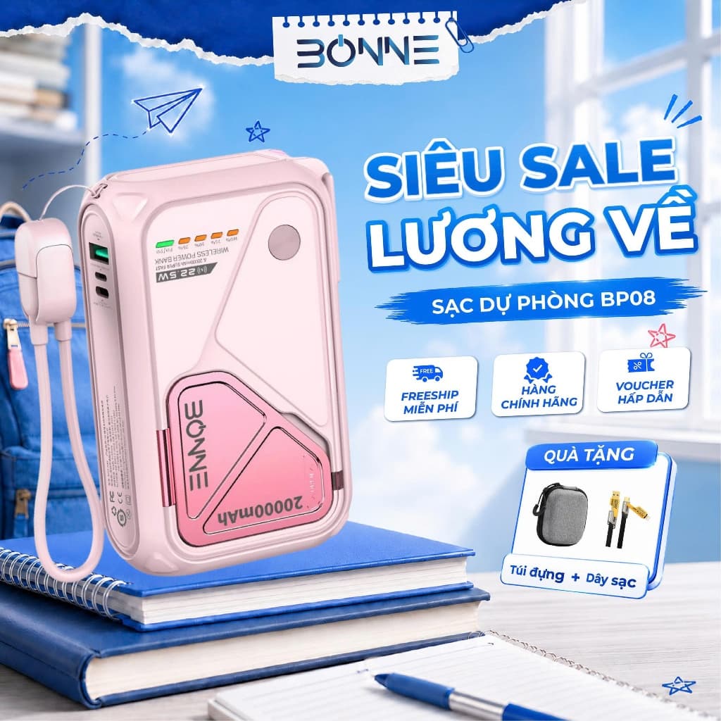 [TẶNG DÂY SẠC 4IN1+TÚI ĐỰNG ]Sạc Dự Phòng BP08, Củ Sạc Nhanh BONNE BP08 10.000 mAh 20.000 mAh Hỗ Trợ Sạc Không Dây