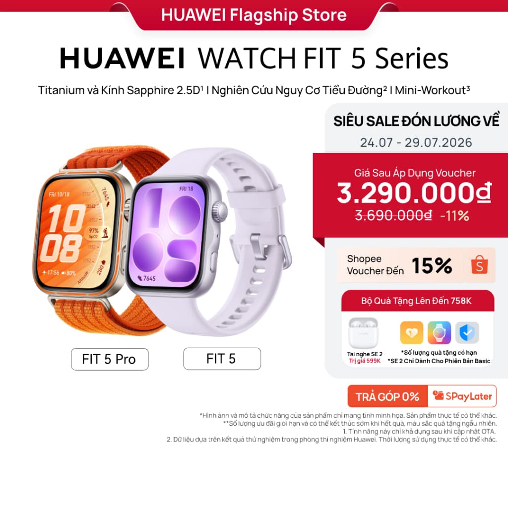 Đồng Hồ Thông Minh HUAWEI WATCH FIT 5 Series |Titanium & Kính Sapphire 2.5D| Nghiên Cứu Nguy Cơ Tiểu Đường| Mini-Workout