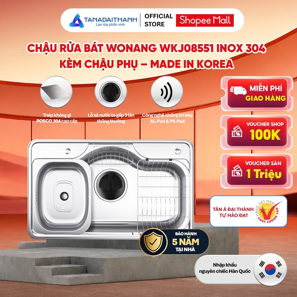 Chậu Rửa Bát Wonang WKJ08551 Inox 304 Nhập Khẩu Hàn Quốc Chính Hãng Bảo Hành 5 Năm
