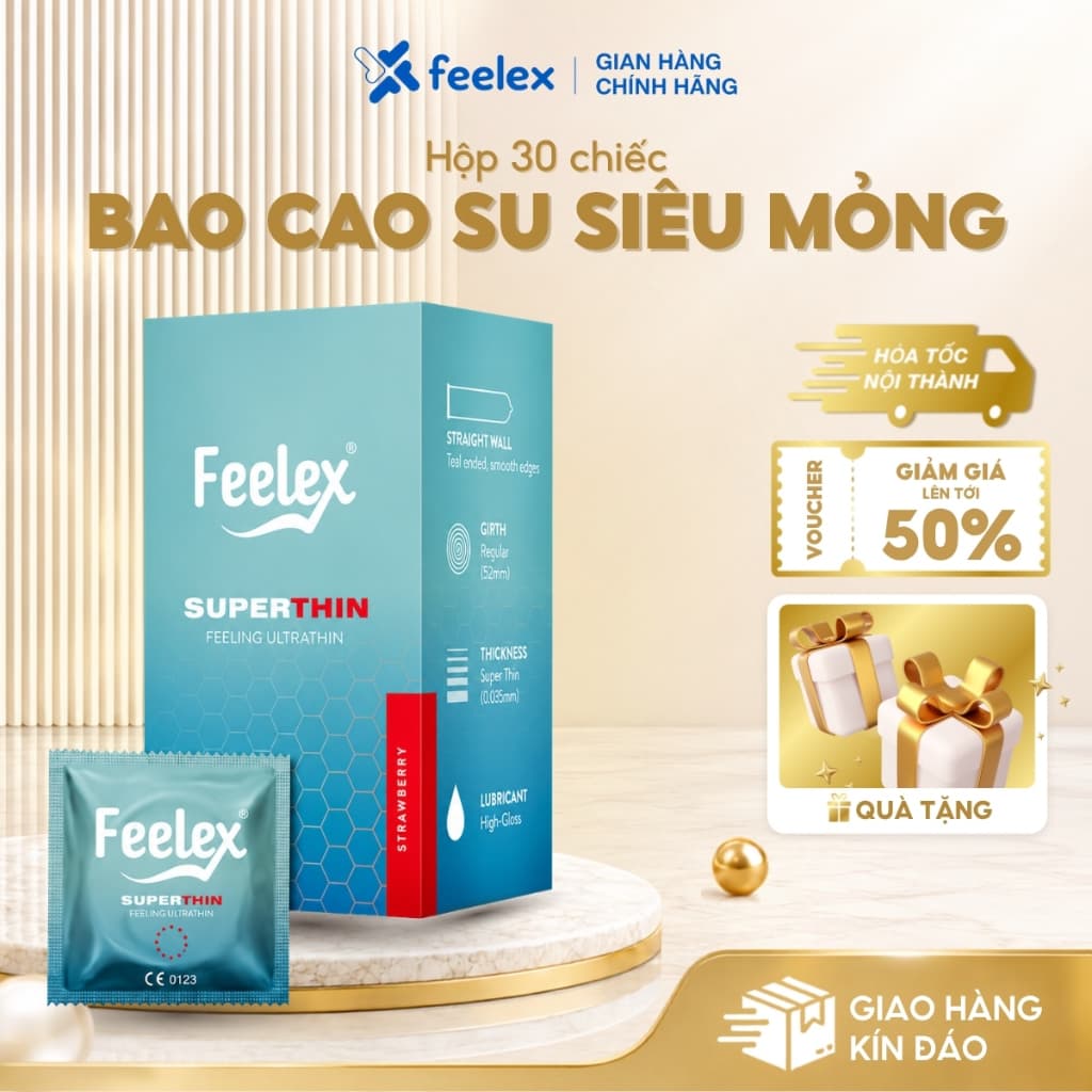Bao cao su siêu mỏng Hộp 30 chiếc Feelex Superthin ôm sát nhiều gel tăng khoái cảm đa dạng mùi hương