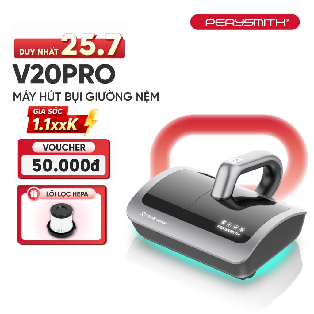Máy Hút Bụi Giường Nệm PerySmith V20Pro, Không Dây, Gọn Nhẹ, Diệt Khuẩn, Hút Bụi Mịn, Có Đèn UV