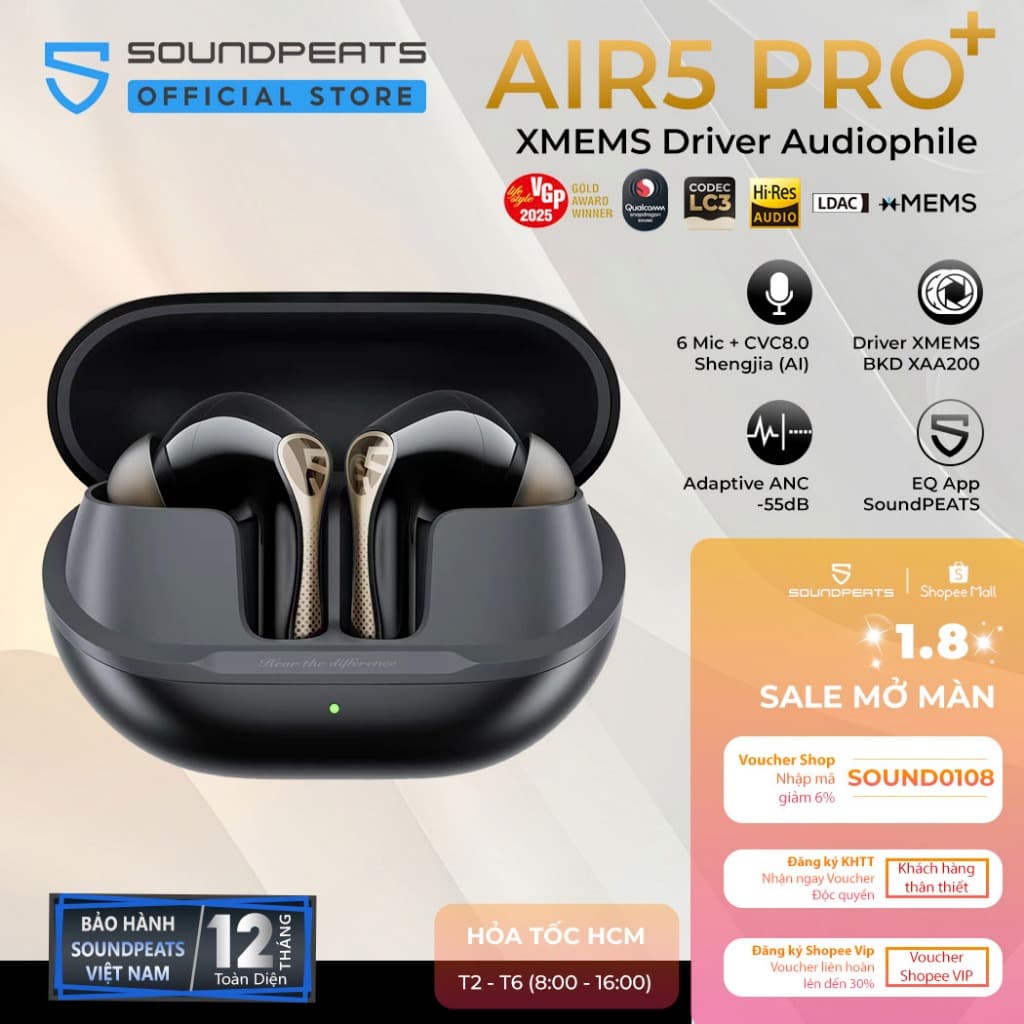 Tai nghe True Wireless SoundPEATS Air5 Pro+ Adaptive ANC 55dB | Loa Kép xMEMS | Bộ Đôi Hires LDAC APTX | Bluetooth 5.4