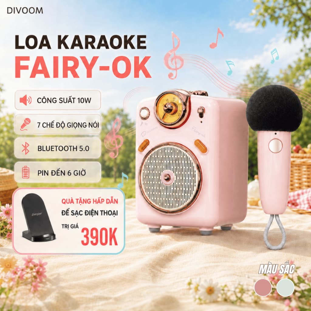 Loa Bluetooth Karaoke Divoom Fairy-Ok công suất 10W kèm mic không dây, chất âm chân thực và sống động - BH 12 tháng
