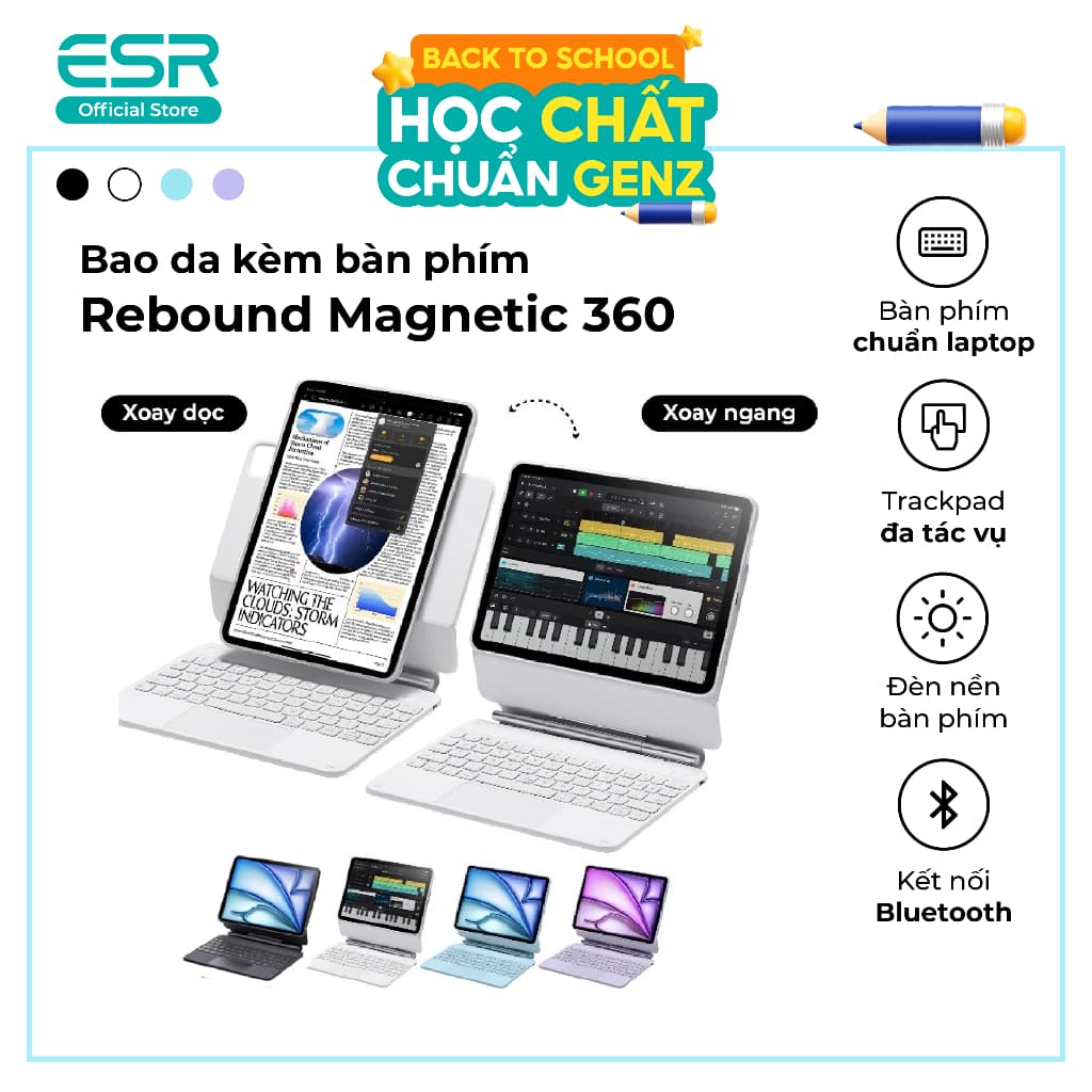 Bao da kèm bàn phím iPad ESR Magnetic Rebound 360 Bảo vệ toàn diện 3 góc xem cho Air 11" 13" (2024/2025/2026) Pin 180h