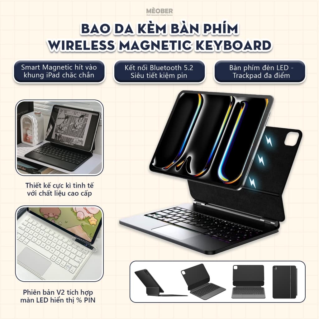 Bao Da Kèm Bàn Phím Magnetic Keyboard cho iPad Air 4/5/6/7, Pro 11-12.9, Pro M4/M5, Gen 10/11 A16 by MèoBer