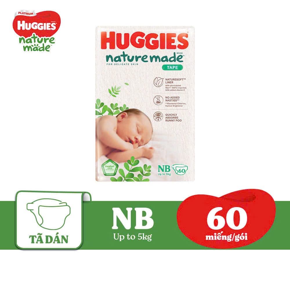 [CHÍNH HÃNG] BỈM HUGGIES NATURE MADE CÁC SIZE NB60/S82/M64/L54/XL38/XXL26